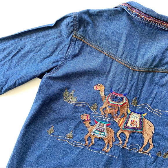 Chico's Tops - Vintage Chico’s Design Embellished Beaded Camel Cotton Zip Denim Shirt Jacket
